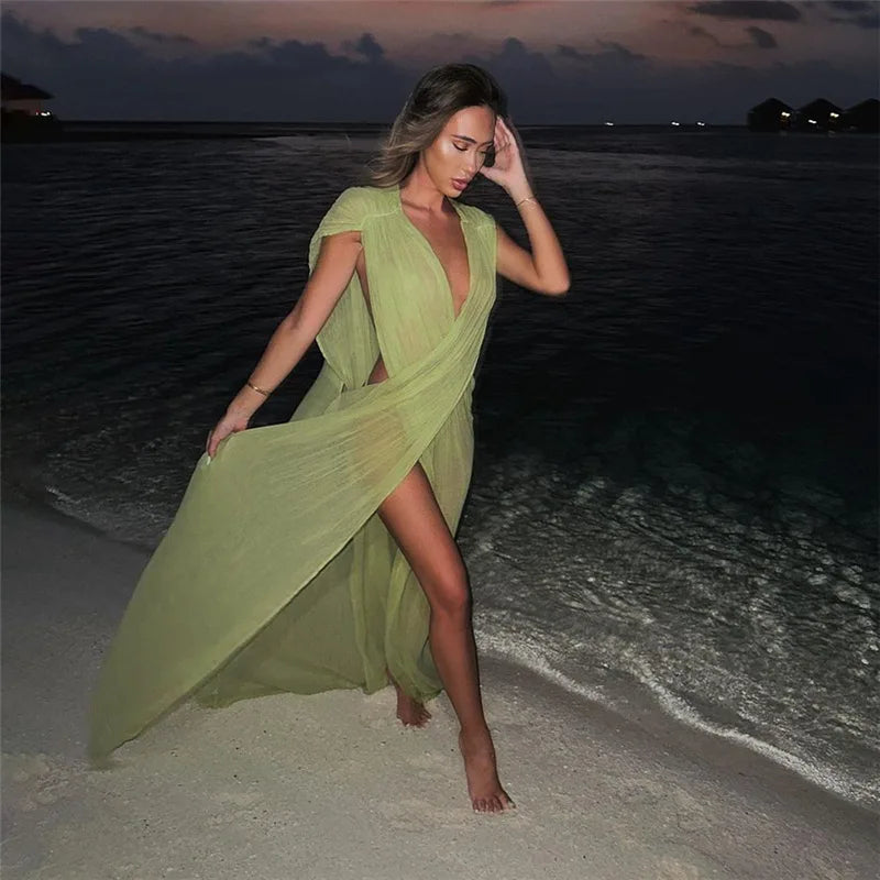 DSMTRC Women Summer Loose Cross Splitted Concise Sleeveless V-neck Vestidos Female Holiday Trend Robe Solid Shirring Maxi Dress